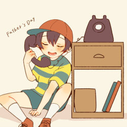 Rule 34 | 1boy, antique phone, black hair, blue shorts, blush, book, brown footwear, closed eyes, english text, father&#039;s day, lower teeth only, male focus, mother (game), mother 2, ness (mother 2), nintendo, open mouth, phone, red headwear, rotary phone, shelf, shifumame, shirt, short hair, shorts, sitting, socks, solo, striped clothes, striped shirt, talking on phone, teeth, white socks