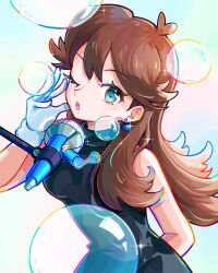 Rule 34 | 1girl, :o, absurdres, aqua eyes, black dress, breasts, brown hair, bubble, creatures (company), dress, earrings, eyelashes, ffccll, game freak, gloves, green (pokemon), hand up, highres, jewelry, long hair, microphone, nintendo, one eye closed, open mouth, pokemon, pokemon adventures, sleeveless, sleeveless dress, solo, sparkle, teeth, upper teeth only, white gloves