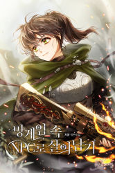 Rule 34 | 1girl, armor, blurry, blurry background, breastplate, brown hair, cloak, commentary request, copyright name, copyright request, cover, cover page, debris, fire, green cloak, gun, hair between eyes, highres, holding, holding gun, holding weapon, jesse (kakiclover), korean commentary, korean text, looking away, medium hair, novel cover, official art, ponytail, serious, smoke, solo, weapon