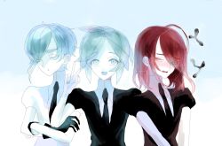 Rule 34 | 3others, ahoge, androgynous, antarcticite, aqua eyes, aqua hair, bad id, bad twitter id, blush, cinnabar (houseki no kuni), colored eyelashes, colored skin, crossed arms, crystal hair, eyes visible through hair, gem uniform (houseki no kuni), gloves, hair over one eye, highres, houseki no kuni, long bangs, looking at viewer, mercury (element), multiple others, necktie, open mouth, phosphophyllite, red eyes, red hair, short hair, smile, thick eyebrows, upper body, v, white eyes, white hair, white skin