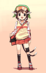 Rule 34 | 1girl, animal ears, bag, brown eyes, brown hair, cat ears, cat girl, cat tail, chen, earrings, female focus, full body, gradient background, jewelry, mamoru (sister princess), multiple tails, nekomata, parody, short hair, shoulder bag, shue, sister princess, skirt, smile, solo, sunglasses, tail, touhou