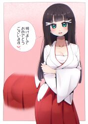 Rule 34 | 1girl, aqua eyes, arms under breasts, ass, black hair, blunt bangs, blush, breast hold, breasts, chest sarashi, cleavage, commentary request, contrapposto, hair ornament, hairclip, hakama, hakama skirt, highres, hime cut, japanese clothes, kimono, kooei, kosode, kurosawa dia, long hair, long skirt, looking at viewer, love live!, love live! sunshine!!, medium breasts, miko, open mouth, pink background, red hakama, red skirt, sarashi, sidelocks, skirt, smile, solo, translation request, white kimono