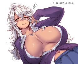 Rule 34 | 1girl, absurdres, belly, bitch na ano musume ni seikatsu shidou!, blouse, breasts, dark-skinned female, dark skin, heart, heart necklace, highres, huge breasts, long hair, looking at viewer, necklace, no bra, one eye closed, open clothes, open shirt, shiraishi karen, shirt, simple background, sleepy, solo, white background, white hair, whoosaku, yellow eyes