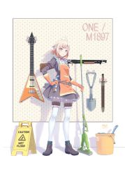 Rule 34 | 1girl, apron, bayonet, blonde hair, blue eyes, boots, bottle, bucket, commentary request, dress, electric guitar, frilled dress, frills, full body, girls&#039; frontline, gloves, guitar, gun, hand on own hip, instrument, juliet sleeves, kico (subland), long sleeves, looking at viewer, m1897 (girls&#039; frontline), mop, multicolored hair, orange apron, orange gloves, orange hair, puffy sleeves, pump action, rubber gloves, sheath, sheathed, short hair, shotgun, shotgun shell, shovel, solo, spray bottle, thighhighs, weapon, wet floor sign, white thighhighs, winchester model 1897
