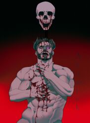Rule 34 | 1boy, abs, akumicke, bara, beard, blood, blood on face, blood on hands, completely nude, corruption, demon boy, demon horns, drinking blood, earrings, facial hair, glowing, glowing eye, gradient background, hand on own neck, hands up, highres, horns, horror (theme), injury, jewelry, large pectorals, male focus, mature male, muscular, muscular male, mustache, navel, navel hair, nude, one eye closed, original, out-of-frame censoring, pectorals, piercing, purple eyes, red background, scratching, short hair, skull, solo, sparse navel hair, stomach, tearing up, tears, thick eyebrows, tongue piercing, veins, veiny arms