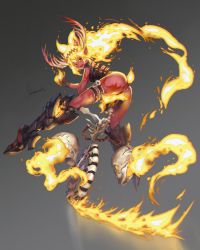 Rule 34 | 1girl, boots, chain, colored skin, fiery hair, fire, horns, observerz, open mouth, original, pointy ears, red eyes, red skin, signature, skull, solo