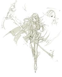 Rule 34 | 1girl, elf, fantasy, green theme, monochrome, pointy ears, scythe, sketch, torn clothes, weapon, white background, yocky