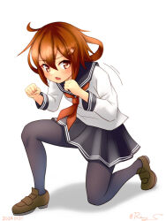 Rule 34 | 1girl, black pantyhose, black sailor collar, black skirt, brown eyes, brown footwear, brown hair, clenched hand, full body, hair ornament, hairclip, ikazuchi (kancolle), kantai collection, loafers, neckerchief, on one knee, one-hour drawing challenge, pantyhose, pleated skirt, ray.s, red neckerchief, sailor collar, sailor shirt, school uniform, serafuku, shadow, shirt, shoes, short hair, simple background, skirt, solo, white background, white shirt