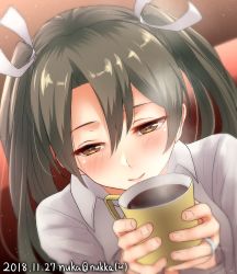 Rule 34 | 1girl, artist name, brown eyes, close-up, cup, dated, dutch angle, grey hair, hair ribbon, highres, jewelry, kantai collection, long hair, mug, nuka (nvkka), one-hour drawing challenge, ribbon, ring, shirt, smile, solo, steam, twintails, twitter username, upper body, wedding band, white ribbon, white shirt, zuikaku (kancolle)