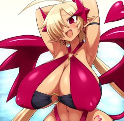 Rule 34 | 1girl, armband, armpits, arms behind head, bikini, blonde hair, blue background, blush, breasts, collarbone, demon girl, demon tail, demon wings, disgaea, disgaea rpg, earrings, fang, gradient background, hair ornament, hair over one eye, highres, hoop earrings, huge breasts, jadf, jewelry, long hair, lucy (disgaea), navel, o-ring, o-ring bikini, open mouth, pointy ears, red bikini, red eyes, smile, solo, star (symbol), star hair ornament, swimsuit, tail, tan, twintails, upper body, wings