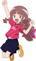 Rule 34 | 1girl, arm up, brown eyes, brown hair, cerezo osaka, cheering, digimon, digimon ghost game, happy, jumping, long hair, looking at viewer, official art, promotional art, shorts, simple background, smile, soccer uniform, solo, sportswear, tsukiyono ruli, very long hair