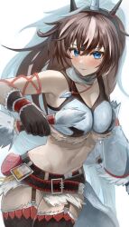 Rule 34 | 1girl, absurdres, arknights, belt pouch, bikini, bikini top only, black gloves, black thighhighs, blue eyes, blush, breasts, brown hair, cleavage, closed mouth, commentary, cowboy shot, crop top, detached sleeves, dual wielding, eabiasan, fake horns, fur-trimmed bikini, fur-trimmed gloves, fur-trimmed sleeves, fur-trimmed thighhighs, fur trim, garter straps, glint, gloves, hair between eyes, highres, holding, holding weapon, horns, id card, jewelry, kirin (armor), kirin r yato (arknights), large breasts, long hair, looking at viewer, mane, microskirt, mole, mole under eye, monster hunter (series), multicolored hair, navel, necklace, pendant, pouch, reverse grip, rope, simple background, single detached sleeve, skirt, smile, solo, standing, stomach, streaked hair, swimsuit, thighhighs, two-tone hair, weapon, white background, white bikini, white hair, yato (arknights)