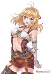 Rule 34 | 1girl, :d, arm warmers, bare shoulders, belt, blonde hair, blue eyes, breasts, brown thighhighs, center opening, fiora (xenoblade), gloves, hair ornament, highres, jewelry, large breasts, long hair, looking at viewer, miniskirt, navel, nintendo, open mouth, red skirt, short hair, simple background, skirt, smile, solo, thighhighs, underboob, white background, xenoblade chronicles (series), xenoblade chronicles 1, yuuuun0218, zettai ryouiki