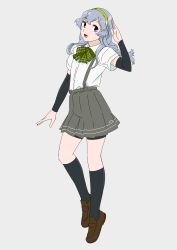 Rule 34 | 1girl, arm warmers, bike shorts, black socks, bow, bowtie, braid, full body, green hairband, grey background, grey eyes, hairband, highres, kantai collection, kneehighs, loafers, long hair, looking at viewer, ojipon, pleated skirt, salute, shirt, shoes, sidelocks, silver hair, simple background, single braid, skirt, socks, solo, suspenders, wavy hair, white shirt, yamagumo (kancolle)