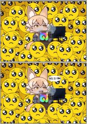 Rule 34 | 1girl, absurdres, animal costume, animal ear fluff, animal ears, black jacket, blonde hair, ce bluelizard, closed mouth, computer, coyote (kemono friends), desk, extra ears, highres, jacket, kemono friends, kemono friends v project, open mouth, shirt, short hair, tail, virtual youtuber, white shirt, wolf costume, wolf ears, wolf girl, wolf tail, yellow eyes