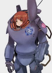 Rule 34 | 1girl, anglerfish, armor, brown eyes, brown hair, closed mouth, commentary request, cowboy shot, crossover, emblem, english text, fish, frown, girls und panzer, grey background, highres, maschinen krieger, mecha, muramasa mikado, nishizumi miho, ooarai (emblem), partial commentary, power armor, robot, short hair, simple background, solo, standing
