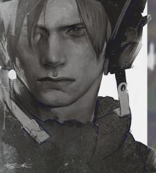Rule 34 | 1boy, alternate costume, close-up, curtained hair, furrowed brow, greyscale, hair over one eye, highres, leon s. kennedy, lips, looking afar, male focus, monochrome, qvlv kuzi feichuan, resident evil, resident evil 4, resident evil 4 (remake), short hair, solo