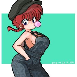 Rule 34 | 1girl, 2016, artist name, black hat, blowing bubbles, blue eyes, braid, braided ponytail, breasts, cabbie hat, chewing gum, cleavage, cowboy shot, dated, female focus, from side, genderswap, genderswap (mtf), hands in pockets, hat, looking at viewer, medium breasts, no bra, no shirt, overalls, ranma-chan, ranma 1/2, red hair, saotome ranma, short hair, sideboob, signature, single braid, solo, standing, wanta (futoshi)