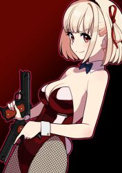 Rule 34 | animal ears, bare arms, bare shoulders, black background, blonde hair, blue bow, blue bowtie, bow, bowtie, breasts, cleavage, detached collar, dual wielding, fishnets, gun, hair ornament, hair ribbon, handgun, head tilt, holding, holding gun, holding weapon, leotard, light blush, looking at viewer, lycoris recoil, medium breasts, nishikigi chisato, playboy bunny, rabbit ears, rabbit tail, red background, red eyes, ribbon, short hair, smile, soumu (kehotank), tail, weapon, wrist cuffs