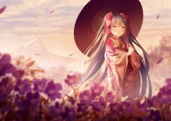 Rule 34 | 1girl, architecture, artist name, blurry, blurry foreground, building, closed mouth, cloud, cloudy sky, commentary request, depth of field, east asian architecture, field, floral print, flower, flower field, green eyes, green hair, hair between eyes, hair flower, hair ornament, hatsune miku, holding, holding umbrella, japanese clothes, kimono, long hair, long sleeves, oil-paper umbrella, outdoors, petals, pink flower, pixiv id, print kimono, purple flower, purple kimono, red flower, red umbrella, rimuu, sky, smile, solo, standing, twitter username, umbrella, very long hair, vocaloid, white flower, wide sleeves