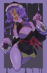 Rule 34 | 1girl, armpit crease, bare shoulders, black hat, black nails, border, bow, braid, collarbone, colored skin, covered collarbone, detached sleeves, dripping, fingernails, frills, hat, highres, jiangshi, nail polish, ofuda, open mouth, orb, original, outstretched arms, purple border, purple hair, purple skin, red bow, red eyes, solo, talisman, toriniku29, turtleneck, twintails, yin yang, yin yang hair ornament, yin yang orb, zombie pose