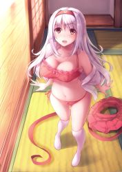 Rule 34 | 10s, 1girl, :d, bare shoulders, bra, breasts, brown eyes, cleavage, eyebrows, frilled bra, frills, from above, full body, hairband, highres, kantai collection, kneehighs, large breasts, long hair, looking at viewer, looking up, navel, nicoby, open mouth, panties, red bra, red panties, red skirt, ribbon, shoukaku (kancolle), silver hair, skirt, unworn skirt, smile, socks, solo, standing, tatami, underwear, underwear only, white socks, wooden floor