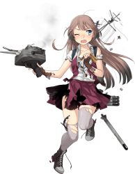 Rule 34 | 1girl, blouse, blush, boots, broken, brown hair, cannon, collarbone, cross-laced footwear, fingerless gloves, fujikawa, full body, gloves, gradient hair, grey eyes, grey thighhighs, hair down, holding, holding ribbon, kantai collection, kazagumo (kancolle), lace-up boots, long hair, machinery, multicolored hair, official art, open mouth, pleated skirt, purple skirt, ribbon, rigging, rudder footwear, shirt, short sleeves, skirt, smokestack, thighhighs, torn clothes, torpedo, transparent background, tsurime, turret, two-tone vest, vest, white shirt