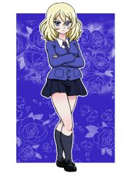 Rule 34 | 1girl, bc freedom school uniform, black dress, black footwear, black socks, blonde hair, blue background, blue cardigan, blue eyes, blue necktie, cardigan, closed mouth, commentary, crossed arms, dress, dress shirt, floral background, frown, full body, girls und panzer, loafers, long sleeves, looking at viewer, mary janes, medium hair, messy hair, necktie, oshida (girls und panzer), outline, pinafore dress, school uniform, shirt, shoes, short dress, sleeveless, sleeveless dress, socks, solo, standing, takahashi kurage, textless version, white outline, white shirt, wing collar