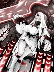 Rule 34 | 10s, 1girl, abyssal ship, bare shoulders, breasts, claws, covered mouth, cowboy shot, detached sleeves, dress, highres, horns, huge breasts, kantai collection, long hair, looking at viewer, machinery, orange eyes, pale skin, ribbed dress, seaport princess, short dress, single horn, solo, suiso (kasano0211), thighs, very long hair, white hair, wide hips