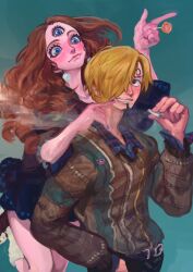 Rule 34 | 1boy, 1girl, blonde hair, blue eyes, blush, brown hair, candy, charlotte pudding, cigarette, closed mouth, couple, curly eyebrows, earrings, facial hair, food, hetero, highres, jewelry, lollipop, long hair, looking at another, one piece, rita ya, sanji (one piece), short hair, skirt, smile, smoke, sweater, teeth, thighs, third eye