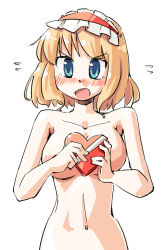 Rule 34 | 1girl, alice margatroid, arnest, blonde hair, blue eyes, blush, breasts, chocolate, covering privates, covering breasts, female focus, gift, hairband, large breasts, nude, short hair, solo, touhou, valentine