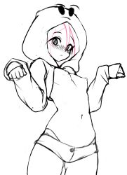 Rule 34 | 1girl, :&lt;, absurdres, blush, breasts, buttons, clenched hands, closed mouth, cowboy shot, emoji, female focus, fir3born, greyscale, hair between eyes, hands up, highleg, highleg panties, highres, hood, hood up, hooded shrug, long sleeves, looking at viewer, micro shorts, monochrome, navel, nipples, no shirt, nose blush, original, panties, pink hair, short hair, shorts, shrug (clothing), sidelocks, simple background, sketch, sleeves past wrists, small breasts, solo, spot color, standing, stomach, string panties, thighs, thonk (fir3born), underwear, white background