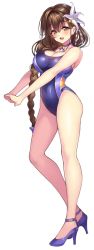 Rule 34 | 1girl, bell, blush, braid, breasts, brown eyes, brown hair, choker, cleavage, collarbone, competition swimsuit, downscaled, flower, full body, hair flower, hair ornament, high heels, highres, kanpani girls, large breasts, long hair, looking at viewer, md5 mismatch, mole, mole under eye, neck bell, one-piece swimsuit, open mouth, resized, senri gan, shirayuri sakura, simple background, single braid, smile, solo, standing, strappy heels, swimsuit, white background