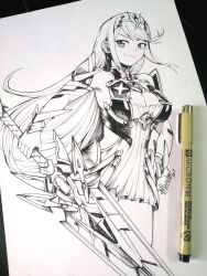 Rule 34 | 1girl, bare shoulders, breasts, cleavage, closed mouth, commentary, dress, english commentary, gloves, hand on own hip, headpiece, highres, holding, holding sword, holding weapon, large breasts, looking at viewer, mythra (xenoblade), photo (medium), pleated dress, ravenhart, signature, smile, solo, sword, traditional media, weapon, xenoblade chronicles (series), xenoblade chronicles 2