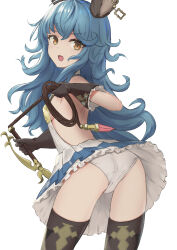 Rule 34 | 1girl, :o, animal ears, ass, bare back, black gloves, black thighhighs, blue hair, breasts, brown eyes, commentary request, cowboy shot, dot nose, earrings, ferry (granblue fantasy), from behind, gloves, granblue fantasy, highres, holding, holding whip, jewelry, kubure, legs apart, long hair, looking at viewer, looking back, open mouth, panties, pantyshot, partial commentary, pleated skirt, sideboob, simple background, skirt, small breasts, solo, standing, thighhighs, underwear, upskirt, white background, white panties, white skirt