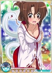 Rule 34 | 1girl, blush, breast hold, breasts, brown hair, cleavage, collarbone, folded ponytail, hayate no gotoku!, japanese clothes, long hair, lowres, maria (hayate no gotoku!), miko, open mouth, red eyes, shirt down, snake