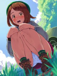 Rule 34 | !, 1girl, ankle boots, ass, blush, boots, boris (noborhys), bottomless, brown eyes, brown hair, cameltoe, commentary request, creatures (company), day, dutch angle, from above, full body, game freak, gloria (pokemon), grass, green hat, green socks, hat, highres, kneeling, miniskirt, nature, nintendo, open mouth, outdoors, panties, pantyshot, pokemon, pokemon swsh, pussy, pussy juice, short hair, skirt, socks, solo, solo focus, squatting, underwear, white panties