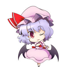 Rule 34 | 1girl, ascot, bat wings, blue hair, chibi, dress, female focus, hat, musashino udon, one eye closed, red eyes, remilia scarlet, short hair, silver hair, solo, standing, star-shaped pupils, star (symbol), symbol-shaped pupils, touhou, wings, wink, wrist cuffs
