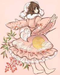 Rule 34 | 1girl, adapted costume, animal ears, bad id, bad pixiv id, barefoot, brown hair, dress, floral print, inaba tewi, long sleeves, looking at viewer, looking back, outstretched arms, pink background, pink dress, rabbit ears, red eyes, solo, touhou, tsukiori, wide sleeves