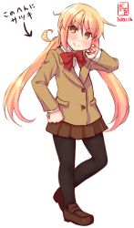 Rule 34 | 1girl, artist logo, black pantyhose, blazer, blonde hair, blush, bow, bowtie, brown footwear, brown jacket, brown skirt, commentary request, cosplay, dated, full body, hagimura suzu, hagimura suzu (cosplay), head tilt, highres, jacket, kanon (kurogane knights), kantai collection, loafers, long hair, look-alike, looking at viewer, pantyhose, red bow, red bowtie, satsuki (kancolle), school uniform, seitokai yakuindomo, shoes, simple background, skirt, smile, solo, translated, twintails, white background, yellow eyes