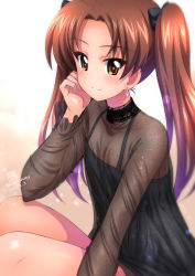 Rule 34 | 1girl, alternate costume, blush, bow, brown eyes, dated, earrings, girls und panzer, glint, hair bow, highres, jewelry, kadotani anzu, kamogawa tanuki, long hair, long sleeves, looking at viewer, parted bangs, red hair, see-through, signature, smile, solo, twintails, twitter username