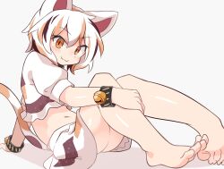 Rule 34 | 1girl, :3, animal ears, arm support, ass, barefoot, bell, bracelet, cat ears, cat tail, closed mouth, commentary request, crop top, feet, full body, goutokuji mike, hair between eyes, hand on own leg, highres, jewelry, jingle bell, knees up, looking at viewer, midriff, multicolored hair, navel, orange eyes, petite, puffy short sleeves, puffy sleeves, reclining, short hair, short sleeves, simple background, sitting, slit pupils, solo, streaked hair, tail, toenails, toes, touhou, white background, yayuyoyayuyo
