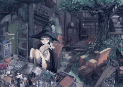 Rule 34 | 1girl, animal, artist request, beaker, black cape, black eyes, black footwear, black hair, black hat, book, bookshelf, boots, bottle, cape, chair, computer, cup, hat, holding, holding animal, indoors, knife, kotatsu, marker, momoride, original, pencil, pig tail, refrigerator, scroll, shelf, sitting, socks, solo, stairs, table, tail, television, tree, witch hat