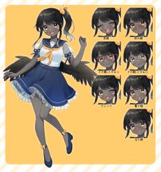 Rule 34 | 1girl, :d, ;d, ^ ^, absurdres, black hair, blue footwear, blue sailor collar, blue skirt, blush, closed eyes, colored skin, commission, diagonal stripes, expressions, fang, frilled skirt, frills, glasses, grey skin, highres, indie virtual youtuber, multiple views, one eye closed, open mouth, orange background, pashigori, puffy short sleeves, puffy sleeves, red-framed eyewear, round eyewear, sailor collar, sakura chiyo (konachi000), see-through, see-through sleeves, shirt, shoes, short sleeves, side ponytail, skirt, smile, striped, striped background, tears, v-shaped eyebrows, virtual youtuber, white shirt, yellow eyes