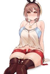 Rule 34 | 1girl, atelier (series), atelier ryza, atelier ryza 1, bare shoulders, beret, blush, boots, breasts, brown eyes, cleavage, collarbone, female pubic hair, hat, heavy breathing, highres, large breasts, light brown hair, okpriko, pubic hair, pubic hair peek, reisalin stout, short hair, short shorts, shorts, simple background, sitting, thick thighs, thigh boots, thighhighs, thighs, white background