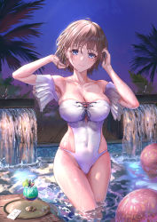 Rule 34 | 1girl, absurdres, artist name, ball, beachball, blue eyes, breasts, brown hair, cameltoe, casual one-piece swimsuit, clothing cutout, collarbone, covered navel, cross-laced clothes, cross-laced one-piece swimsuit, cup, dated, drinking glass, dripping, frills, groin, hands up, highres, large breasts, looking at viewer, night, one-piece swimsuit, original, outdoors, palm tree, pool, revision, shiny skin, short hair, side cutout, skindentation, smile, solo, standing, swimsuit, tooku0, tray, tree, wading, water, wet, wet clothes, wet hair, wet swimsuit, white one-piece swimsuit