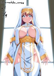 Rule 34 | 1girl, blue eyes, breast curtains, breasts, breasts out, cleavage, dated, habit, jewelry, large breasts, nafta, no panties, nun, pelvic curtain, ring, signature, solo, thighhighs, tiffania westwood, underboob, white thighhighs, window, zero no tsukaima
