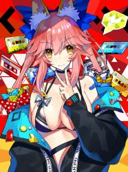 Rule 34 | 1girl, animal ear fluff, animal ears, bad id, bad pixiv id, bikini, bikini top only, black bikini, black jacket, blue bow, blush, bow, breasts, cassette tape, closed mouth, ero waifu, fate/extra, fate (series), fox ears, hair between eyes, hair bow, jacket, large breasts, long hair, long sleeves, looking at viewer, nail polish, off shoulder, official style, pink hair, red background, sidelocks, smile, solo, swimsuit, tamamo (fate), tamamo no mae (fate/extra), twintails, v, yellow eyes