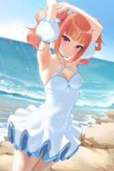 Rule 34 | 1girl, arm on own head, armpits, arms up, blue sky, blunt bangs, bow, breasts, cleavage, closers, covered navel, cowboy shot, curly hair, detached sleeves, dress, dress swimsuit, dutch angle, hair bow, highres, layered dress, lens flare, looking at viewer, luna aegis (closers), medium breasts, medium hair, ocean, official art, orange hair, pink eyes, puffy detached sleeves, puffy sleeves, rock, shore, short dress, short eyebrows, sidelocks, sky, sleeveless, sleeveless dress, smile, solo, twintails, v-shaped eyebrows, white bow, white dress