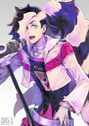 Rule 34 | 1boy, belt, black hair, collarbone, commentary, creatures (company), cropped jacket, eyeshadow, game freak, gloves, green eyes, gym leader, highres, holding, holding microphone, jacket, long hair, long sleeves, makeup, male focus, microphone, microphone stand, multicolored hair, nintendo, open mouth, partially fingerless gloves, piers (pokemon), pokemon, pokemon swsh, shirou (user gmjt2527), single glove, solo, teeth, tongue, two-tone hair, white jacket
